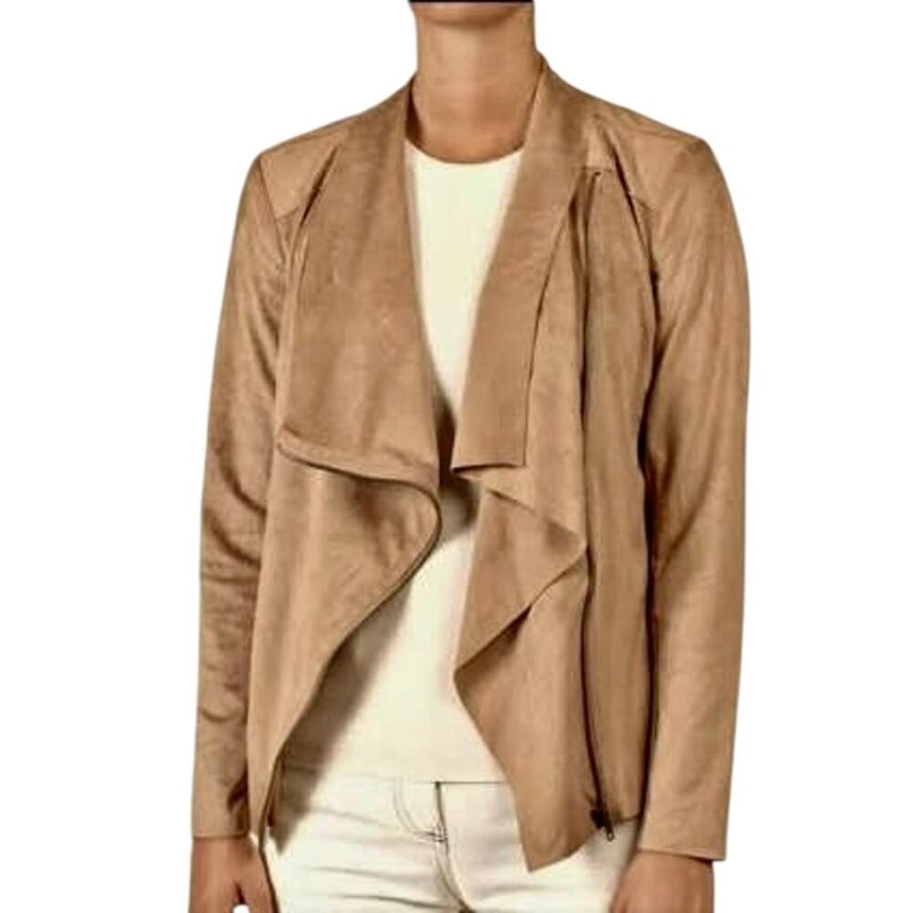 Anthropologie Mote Zip Front Faux Stretch Suede Convertible Moto Jacket Tan